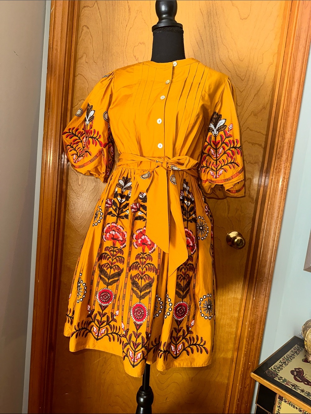 Sugarlips Embroidered Puff-Sleeve Dress in Mustard Yellow.